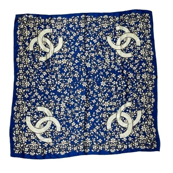 Chanel Square Scarf 100% Silk  White, Gold and Blue 96cm x 96cm - Picture 1 of 16